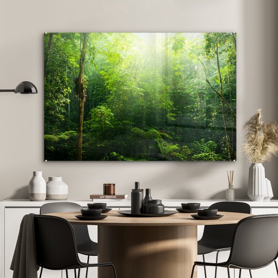 MuchoWow® Peinture sur verre 90x60 cm - Peinture sur verre acrylique - Jungle - Lumière du soleil - Vert - Filles - Enfants - Garçons - Photo sur verre - Peintures