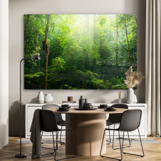 Peinture sur verre MuchoWow® 180x120 cm - Peinture acrylique sur verre - Jungle - Soleil - Vert - Filles - Enfants - Garçons - Photo sur verre - Peintures