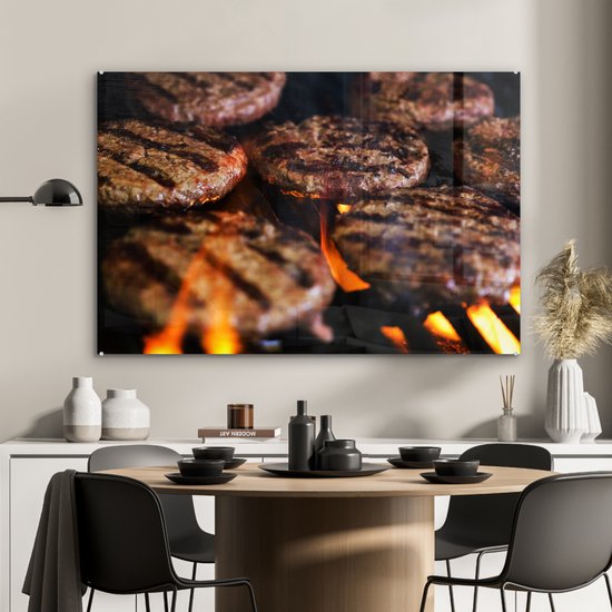 MuchoWow® Peinture sur Verre - BBQ - Feu - Hamburger - 120x80 cm - Peintures sur Verre Acrylique - Photo sur Glas