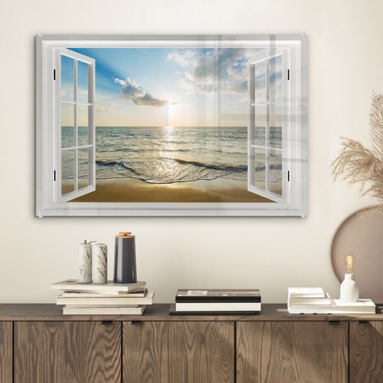 Peinture sur verre - Voir à travers - Soleil - Mer - 60x40 cm - Peintures Plexiglas