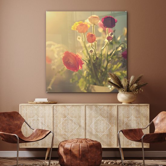 MuchoWow® Peinture sur verre 90x90 cm - Peinture sur verre acrylique - Bouquet de renoncules colorées - Photo sur verre - Peintures