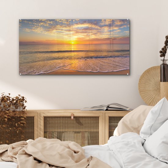 MuchoWow® Peinture sur Verre - Plage - Coucher de Soleil - Mer - 80x40 cm - Peintures sur Verre Acrylique - Photo sur Glas