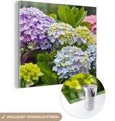 MuchoWow® Glasschilderij 90x90 cm - Schilderij acrylglas - Verschillende hortensia bloemen - Foto op glas - Schilderijen