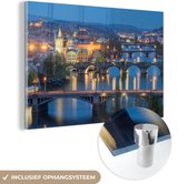 MuchoWow® Glasschilderij 60x40 cm - Schilderij acrylglas - Nacht - Praag - Bruggen - Foto op glas - Schilderijen