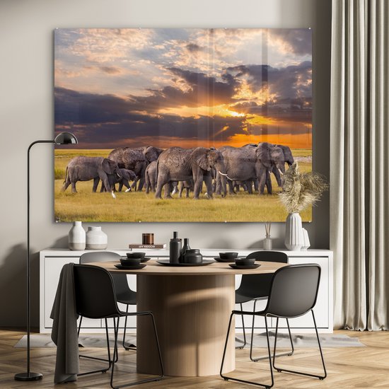 MuchoWow® Peinture sur verre 160x120 cm - Peinture sur verre acrylique - Éléphant - Animaux - Herbe - Coucher de soleil - Nature - Photo sur verre - Peintures