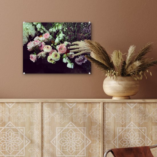 MuchoWow® Peinture sur verre 40x30 cm - Peinture sur verre acrylique - Les fleurs aux couleurs pastel sur fond noir - Photo sur verre - Peintures