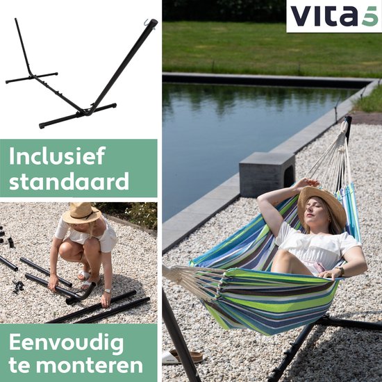 Vita5 Hangmat met Standaard 2 Persoons - Blauw/Groen - Draaggewicht 205 kg - Verstelbare Lengte - Incl. Draagtas - Vita5