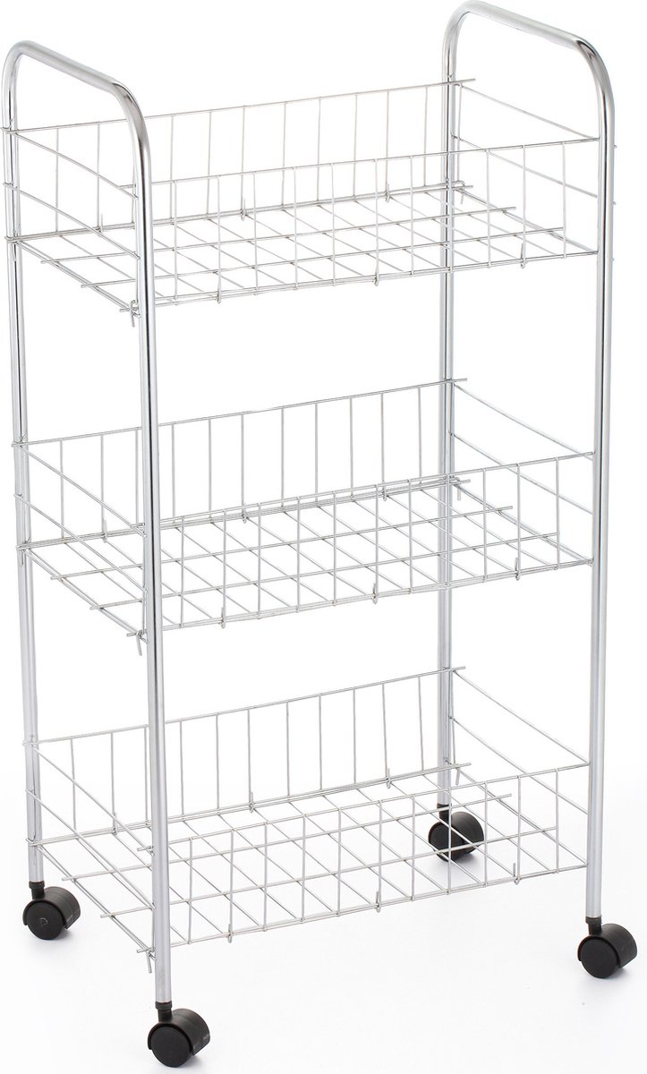 MSV Keuken/badkamer trolley - chroom metaal - zilver - met wielen - 37 x 26 x 68 cm