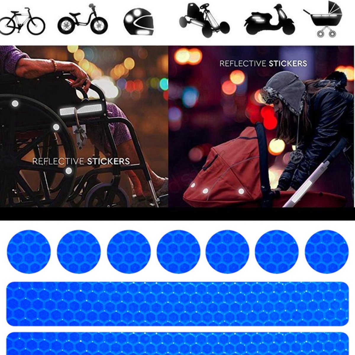 Reflecterende Veiligheids stickers blauw - Reflectie tape voor in het verkeer - Maak wandelwagens, koffers, buggy's, skelters, helms, fietsen etc goed zichtbaar in het donker. — afbeelding 4