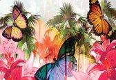 Fotobehang Butterflies Palms Flowers Lilies Colours | XXL - 312cm x 219cm | 130g/m2 Vlies