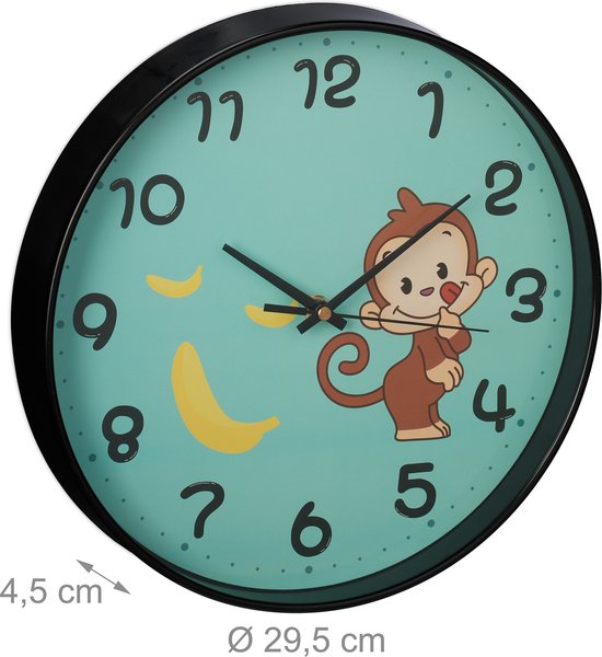 Horloge pour enfants Relaxdays singe - horloge murale - Ø 29,5 cm - filles  et garçons... | bol.com