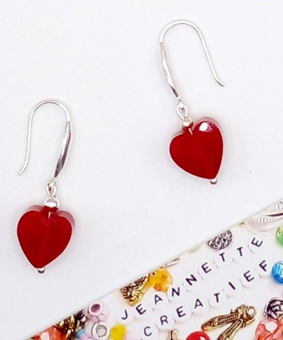 Jeannette-Creatief® - Valentijn - Red Glass - Rode oorbellen - Zilveren Oorbellen - Zilver 925 - Rode Hartjes