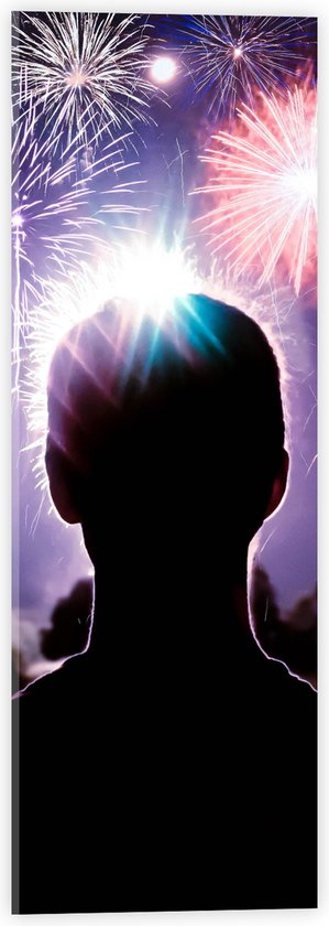 Acrylglas - Achteraanzicht van Man kijkend naar Vuurwerkshow - 20x60 cm Foto op Acrylglas (Met Ophangsysteem)