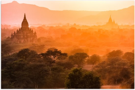 Poster Glanzend – Fel Zonlicht over de Tempels van Myanmar - 90x60 cm Foto op Posterpapier met Glanzende Afwerking