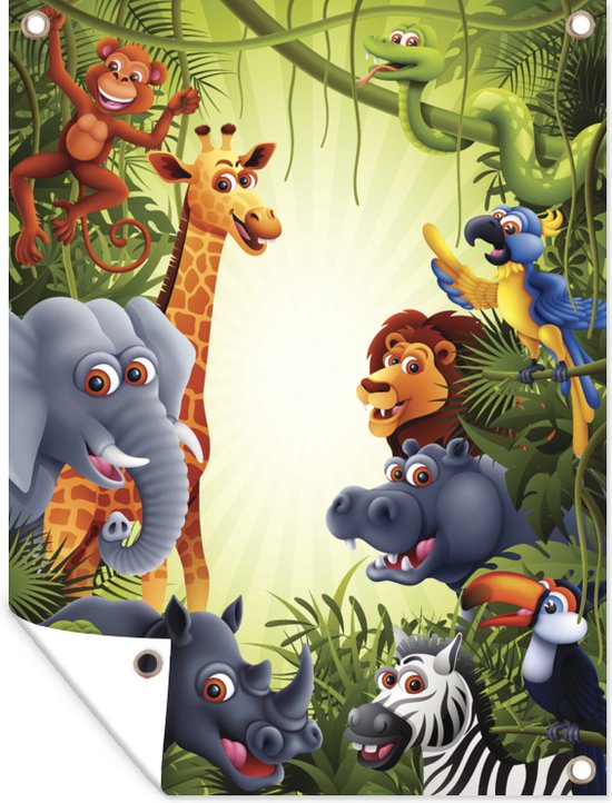 Tuinschilderij Jungle - Jongens - Meiden - Baby - Olifant - Leeuw - Giraf - 60x80 cm - Tuinposter - Tuindoek - Buitenposter