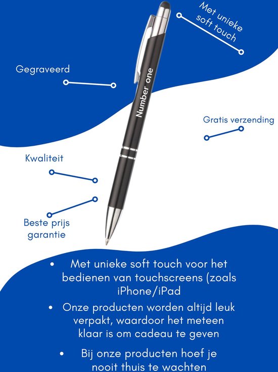 Akyol - number one pen - zwart - gegraveerd - Motivatie pennen - collega - pen met tekst - leuke pennen - grappige pennen - werkpennen - stagiaire cadeau - cadeau - bedankje - afscheidscadeau collega - welkomst cadeau - met soft touch