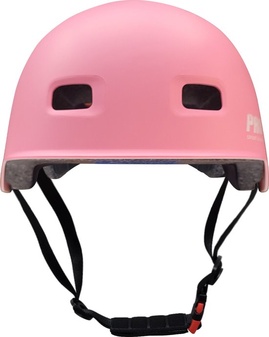 Casque PRO SPORT LIGHTS rose, vue de face, avec sangles et boucle noires.