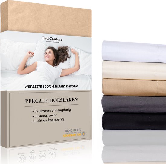 Bed Couture - Percale Hoeslaken van 100% hoogwaardig Katoen - Eenpersoons 90x200cm - Hoekhoogte 30cm - Ultra zacht en soepel - Goud Beige