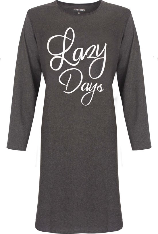 Chemise de nuit gris foncé à manches longues, col rond et le texte "Lazy Days" en lettres blanches.
