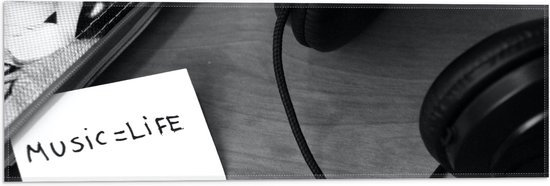 Vlag - Koptelefoon met Aantekening ''Music = Life'' (Zwart- wit) - 60x20 cm Foto op Polyester Vlag