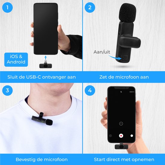 Nuvance - Draadloze Microfoon - Dasspeld Microfoon - Geschikt voor Usb-C & Apple Lightning - Lavelier Microfoon - Plug & Play - Nuvance