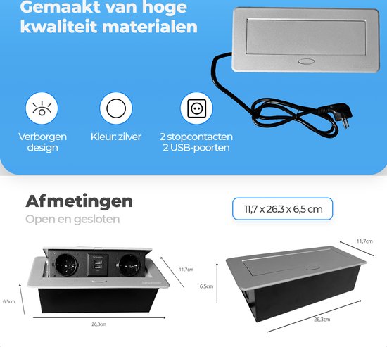 Onzichtbaar geïntegreerd inbouwstopcontact met 2 compartimenten, 2 USB