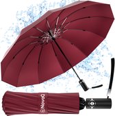Parapluie NovaQ Storm Pliable avec Housse de Protection - Rouge Bordeaux - Grand Parapluie 110 CM - Pliable Automatiquement - Coupe Vent jusqu'à 100 KM P/H