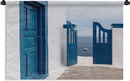 Wandkleed - Wanddoek - Deur - Blauw - Wit - Architectuur - 150x100 cm - Wandtapijt