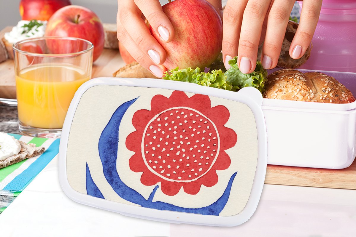 Broodtrommel Wit - Lunchbox - Brooddoos - Bloem - Plant - Rood - Blauw - 18x12x6 cm - Volwassenen