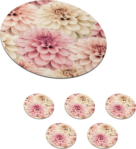 Onderzetters voor glazen - Rond - Bloemen - Roze - Wit - Natuur - 10x10 cm - Glasonderzetters - 6 stuks