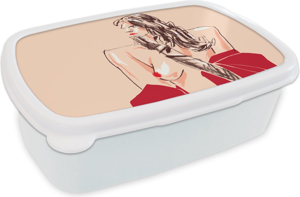 Broodtrommel Wit - Lunchbox - Brooddoos - Vrouw - Portret - Pastel - Rood - 18x12x6 cm - Volwassenen