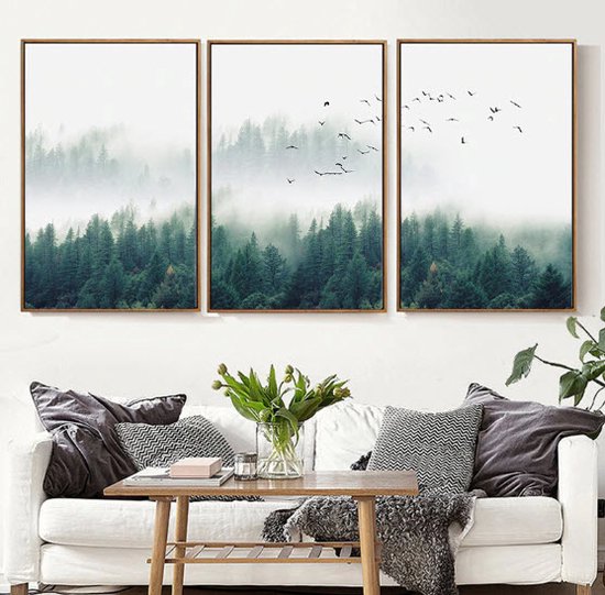 Allernieuwste peinture sur toile .nl®-Delig - FOGGY FOREST - Forêt norvégienne avec oiseaux - Salon - Nature - Affiche - 3x 40x60cm - Couleur