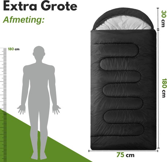 Zwarte "Extra Grote" slaapzak van 180x75cm, 30cm capuchon. Naast een silhouet van 180cm.