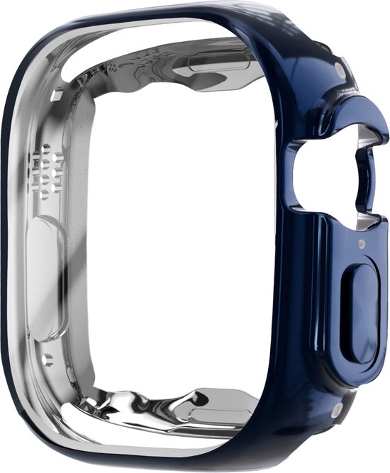 Donkerblauwe TPU beschermhoes voor Apple Watch Ultra, zilverkleurige binnenkant.