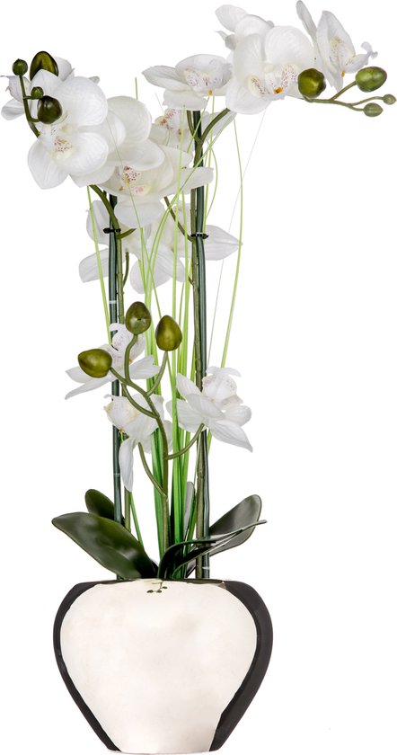 Atmosphera Fleur d'orchidée artificielle - blanche - H53 x L37 cm - en pot argenté luxe