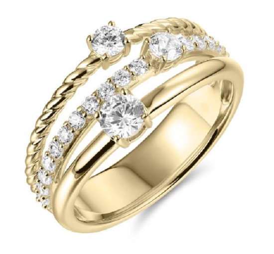 Belle Ring de Luxe à 3 anneaux en or 14 kt avec 3 zircones, 19,00 mm. (taille 60)|Anneau de proposition