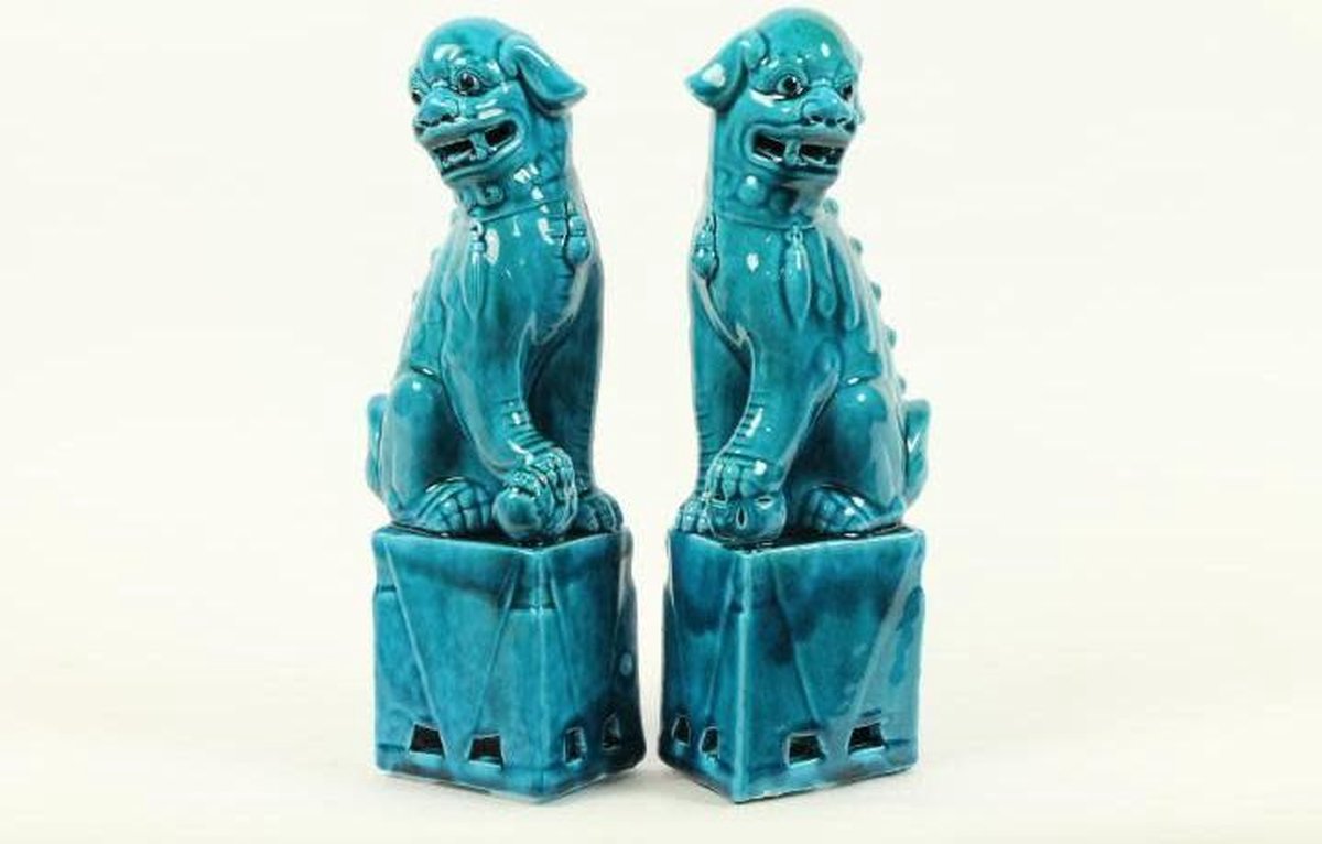 Fine Asianliving Chinese Foo Dogs Blauw Porselein Set/2 Handmade D10xH27cm