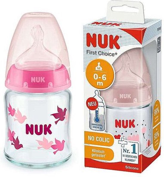 NUK | First Choice + | Glazen fles | 120ml | Siliconen fopspeen maat: M| Siliconen | 0-6m Roze