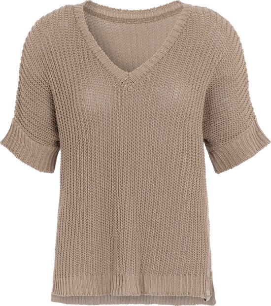 Knit Factory Daisy Gebreide Dames Top - Trui met korte mouwen - Gebreide t-shirt - T-shirt - Shirt gemaakt van 80% gerecyceld katoen - Duurzaam & milieuvriendelijk - Korte mouw - V-hals - Linnen - Bruin - 36/44