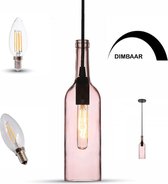 Glazen hanglamp - snoerpendel in de vorm van een fles E14 - Roze - Incl. Dimbare LED filament lamp.......