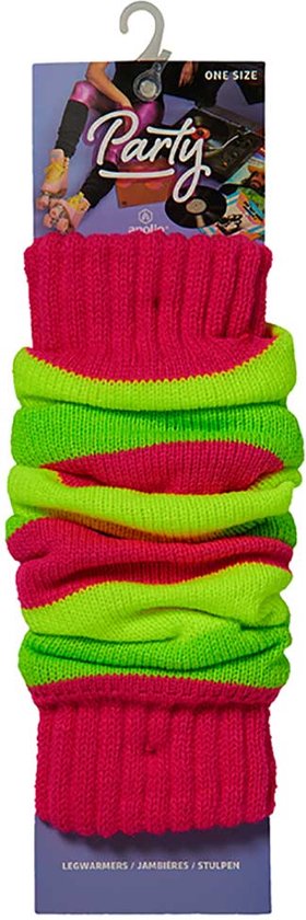 Roze en fluorgroene beenwarmers in verpakking met 'Party' logo.
