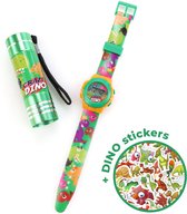 Zaklamp + horloge Dino voor kinderen | Nachtlamp Dinosaurus LED + 10 gratis Dino stickers | werkt op 2 AA batterijen | 16cm | FL03