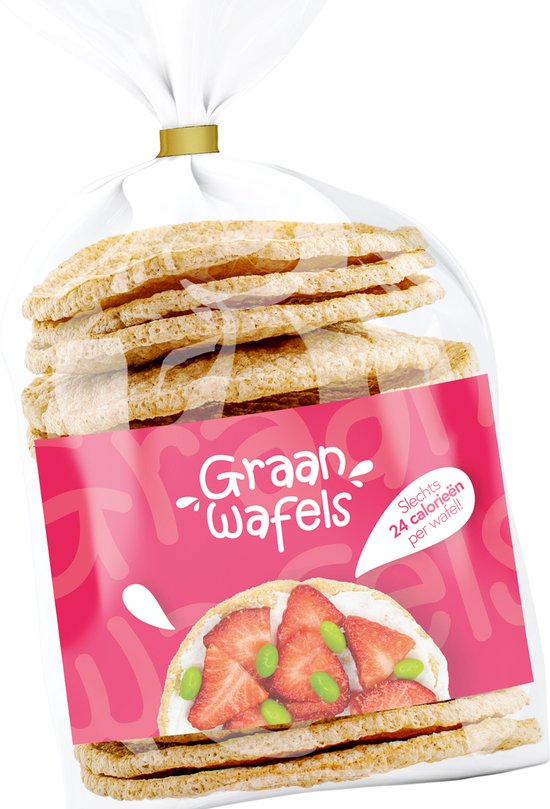Zak met Graanwafels, met een afbeelding van een wafel met aardbeien en pistachenoten.