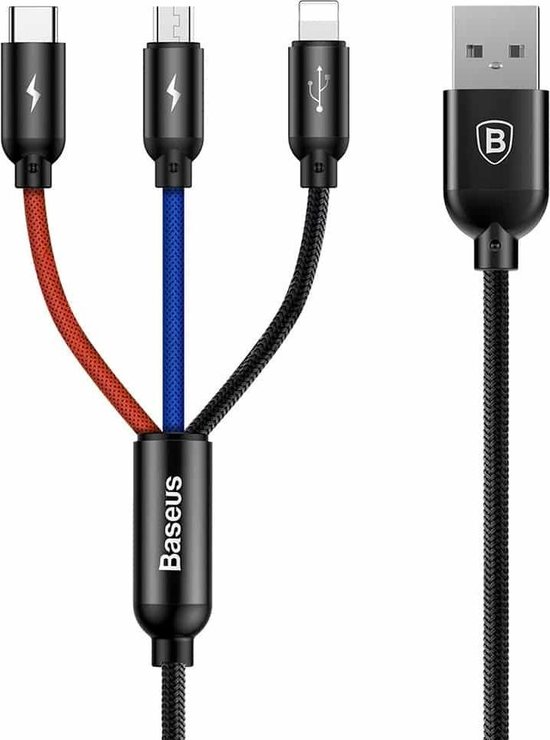 Câble tressé couleur code de charge rapide Baseus 3.5A 3 en 1 Micro USB + 8  broches +... | bol.com