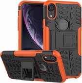 Bandtextuur TPU + PC schokbestendig hoesje voor iPhone XR, met houder (oranje)