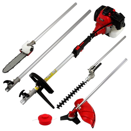 T-Mech - Bosmaaier - 5 in 1 Tuin Multi Tool - 52cc Benzine - Kettingzaag Grasmaaier Heggenschaar - Mes en Draad - Verlengstuk