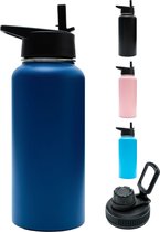 Bouteille isotherme - Blue marine - 1 litre - Bouchon Extra avec paille et bec verseur - Bouteille d'eau avec paille - Bouteille isotherme - Sans BPA - Étanche