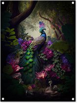 Tuinschilderij Pauw - Jungle - Bloemen - Natuur - 60x80 cm - Tuinposter - Tuindoek - Buitenposter