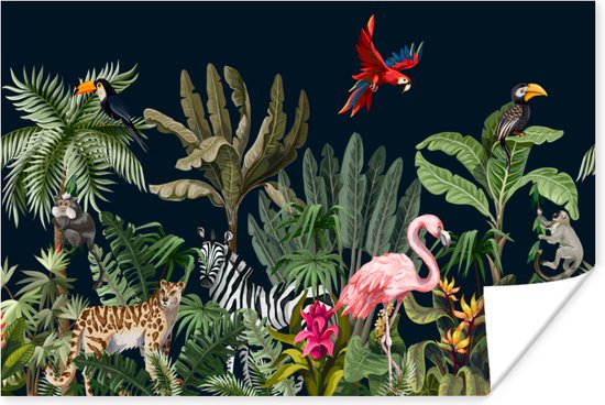 Poster Jungle - Planten - Dieren - Kinderen - Flamingo - Zebra - 120x80 cm