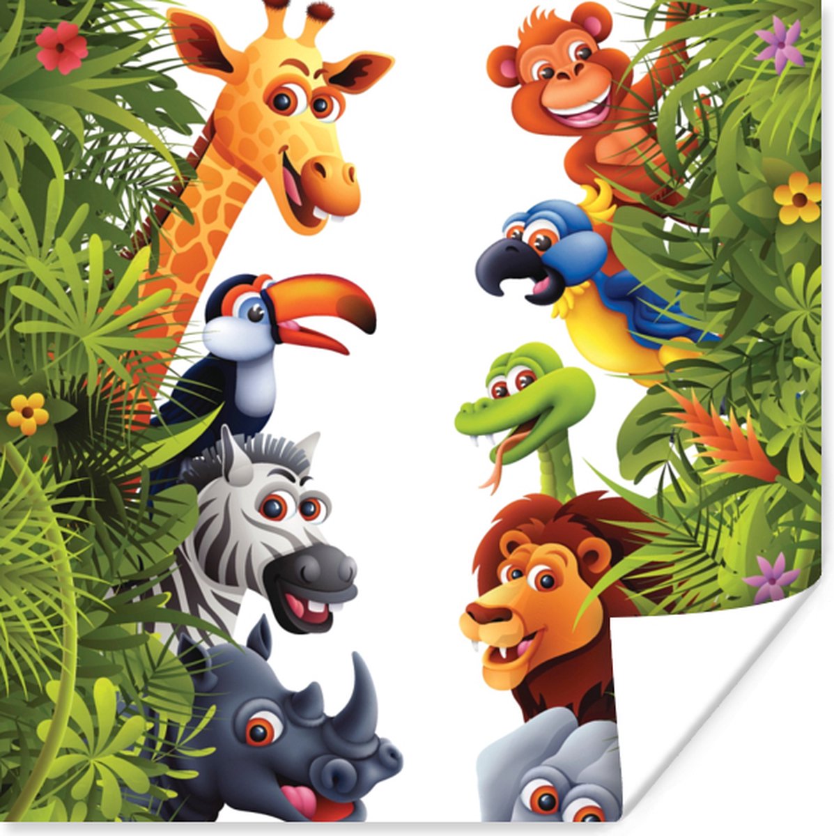 Poster Jungle - Dieren - Jongens - Meisjes - Giraf - Olifant - Kids - 75x75 cm - Poster Babykamer